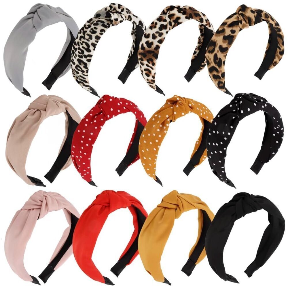 Top Knot Headbands for Women Girls Solid Color Turban Wide Hairbands 12 Pack